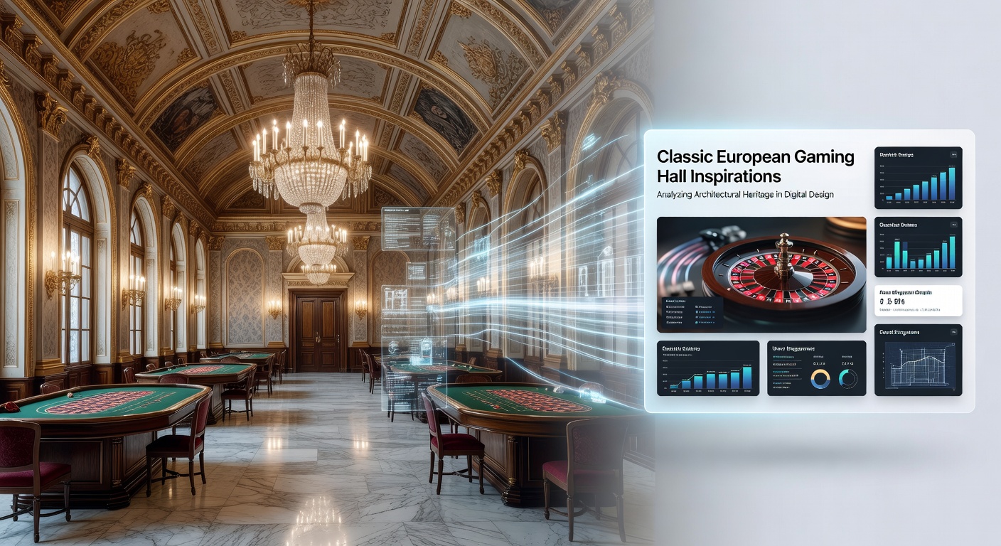 Grand interior of a historic European gaming hall with ornate chandeliers, marble columns, and gilded details that influence modern digital casino designs