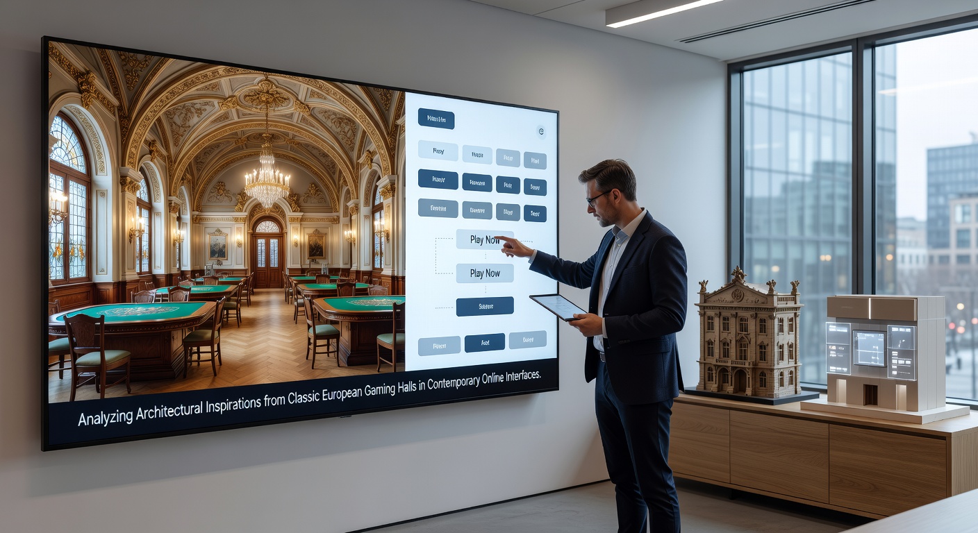 Side-by-side comparison showing ornate details from a European casino interior alongside their digital counterparts in an online interface