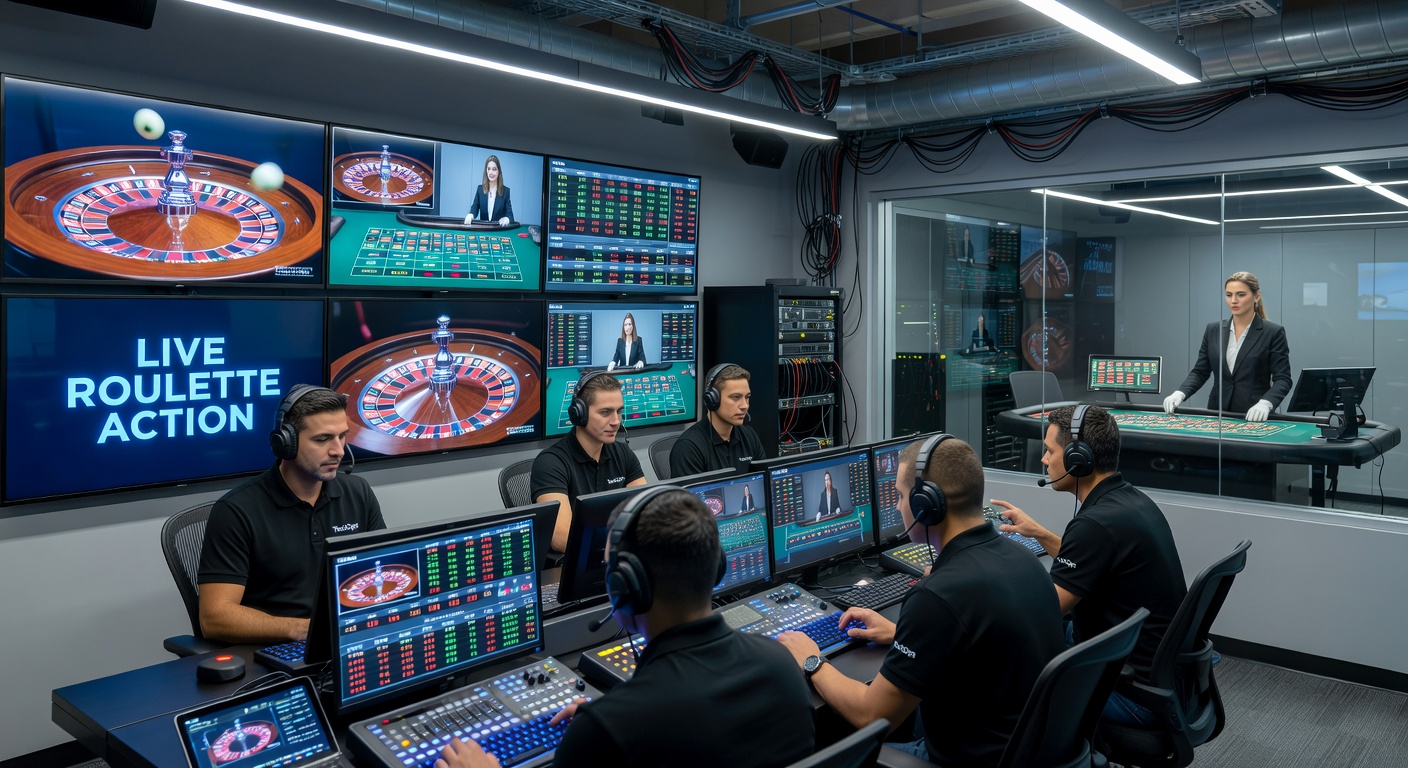 High-tech live roulette studio with multiple camera angles capturing the dealer and spinning wheel in real-time action