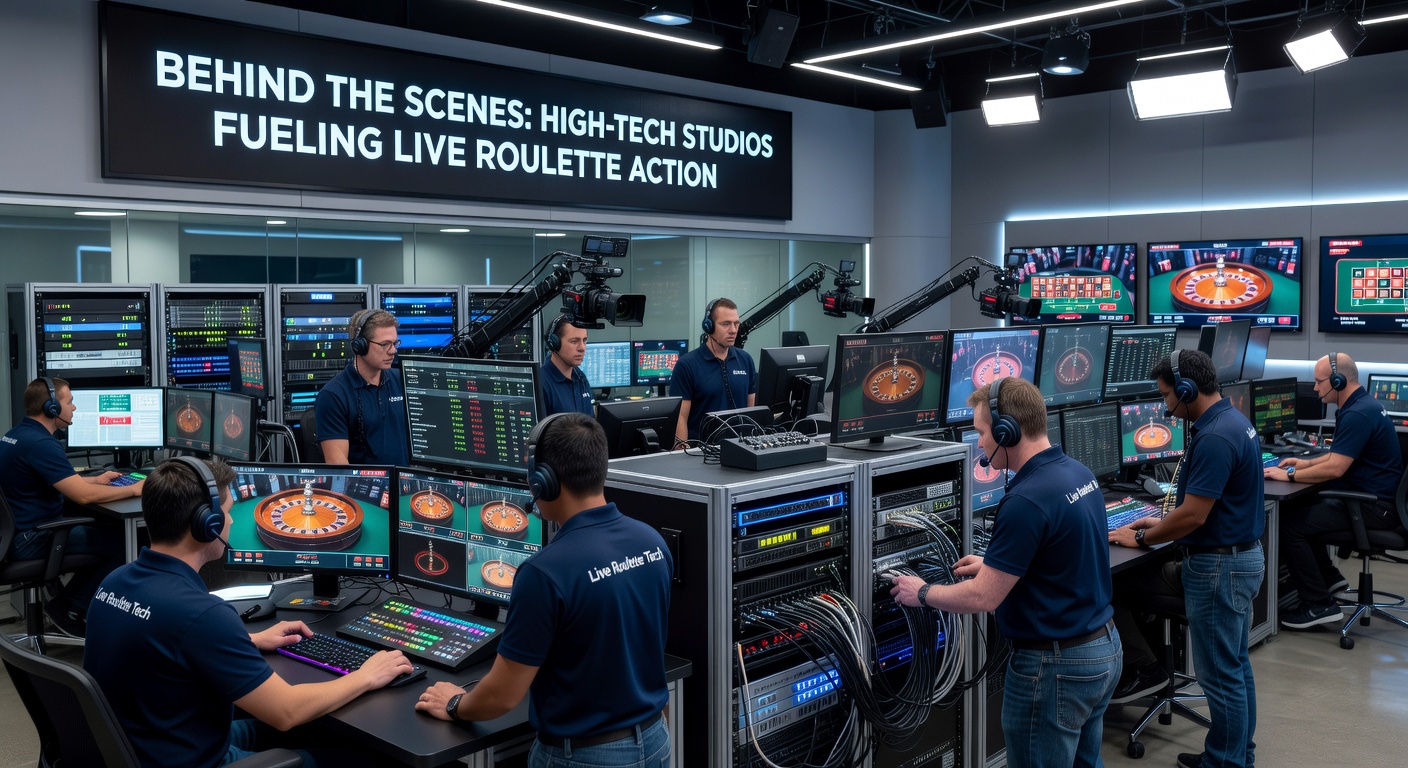 Control room in a live roulette studio showing technicians monitoring multiple screens with live feeds, graphs, and data overlays