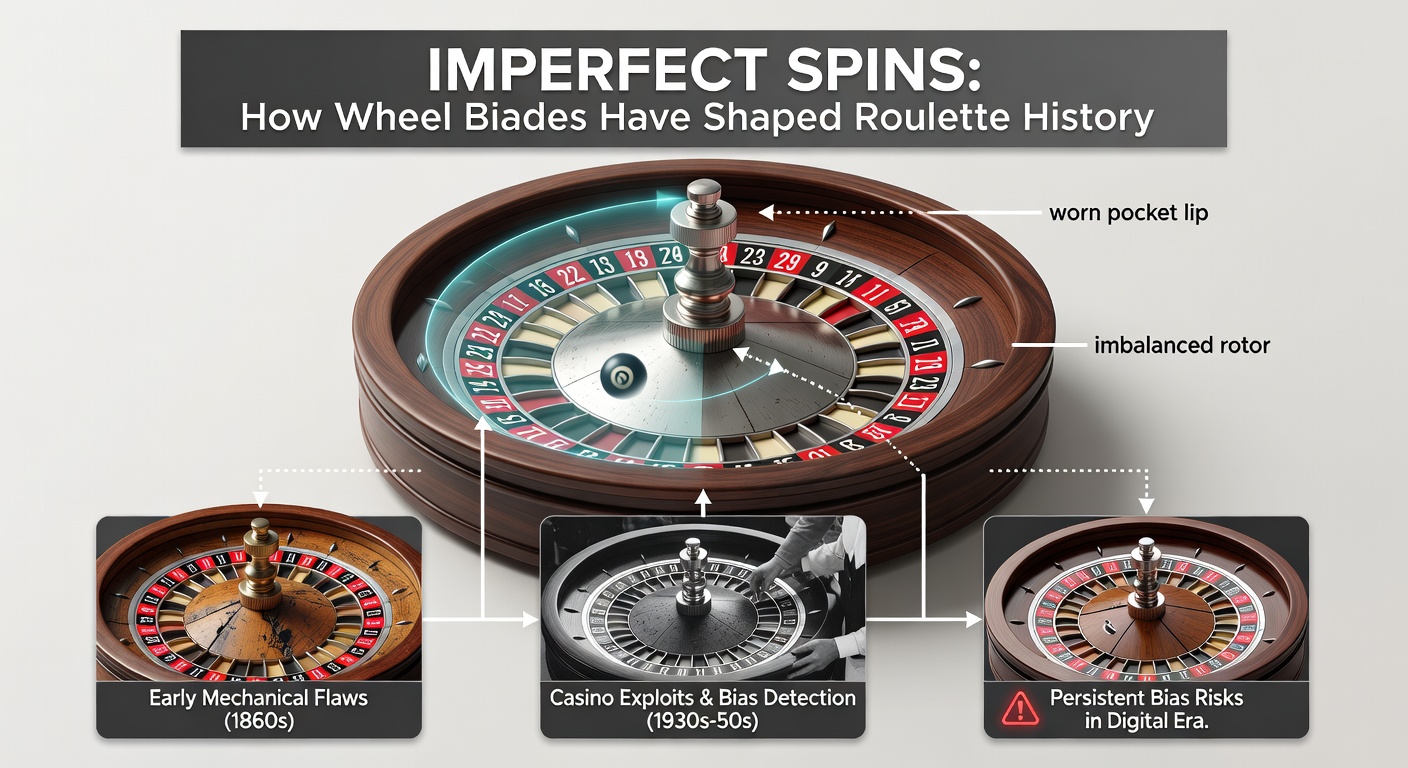 Modern roulette wheel under maintenance, with technicians measuring pocket depths and rotor balance to detect emerging biases