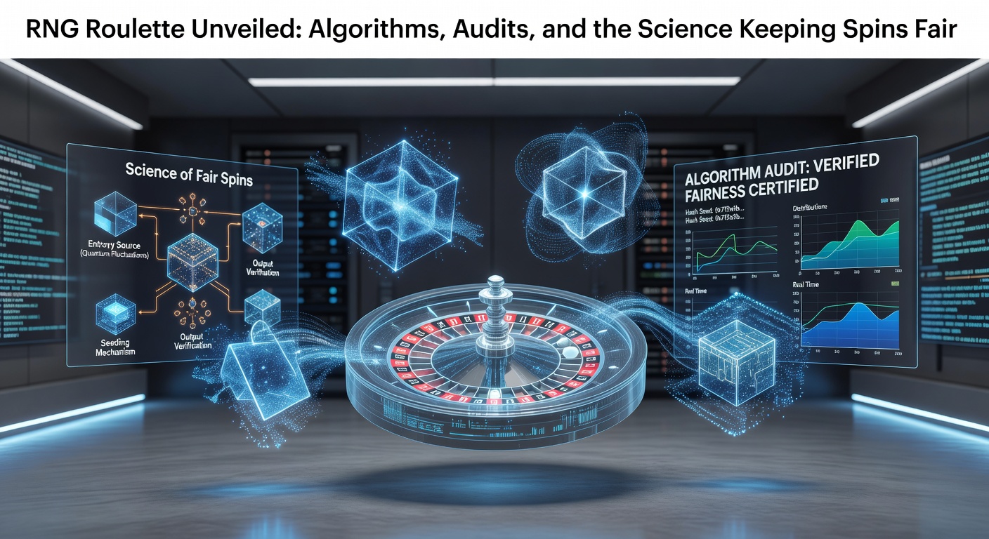 Digital visualization of RNG algorithms generating roulette outcomes, showing code streams and spinning wheel simulations