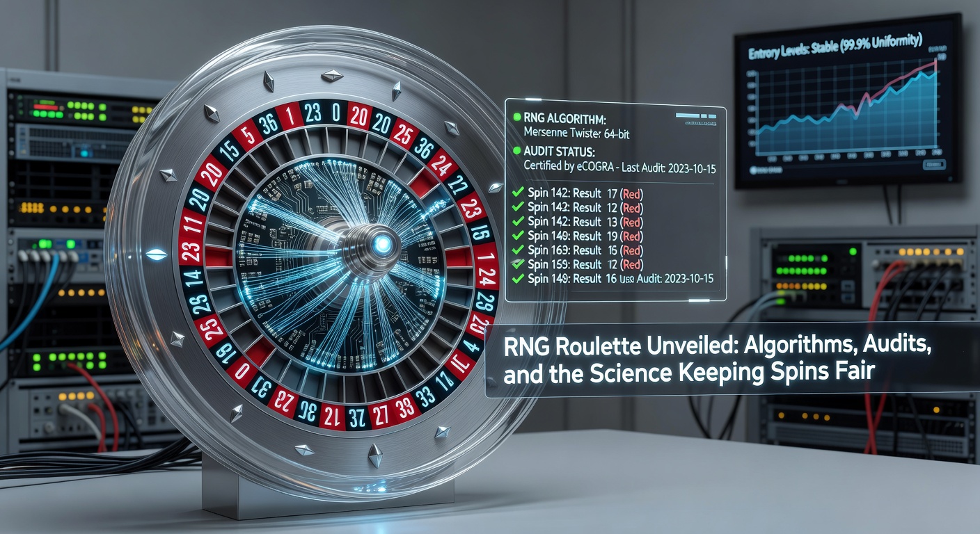 Auditors examining RNG certification reports and testing equipment in a lab setting, highlighting fairness verification processes