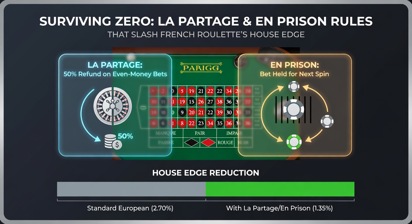 Close-up of a French roulette wheel landing on zero, with chips marked en prison and La Partage payout in action